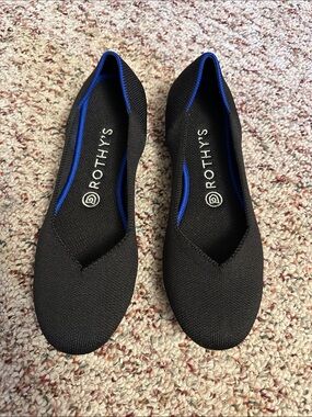 Rothy's Black Knit Pointed-Toe Flats with Blue Trim